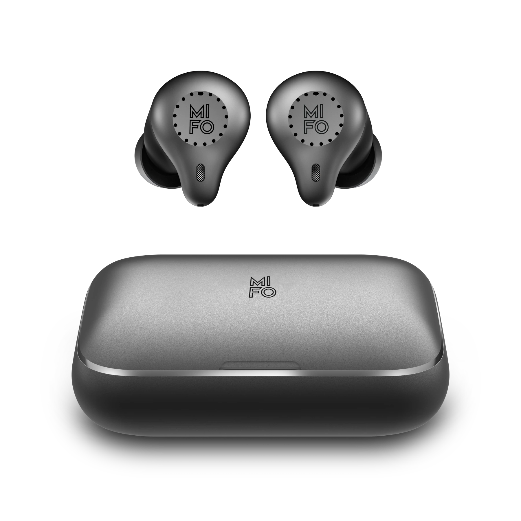 Graphite Mifo Gen 4 earbuds and charging case, campaign product render